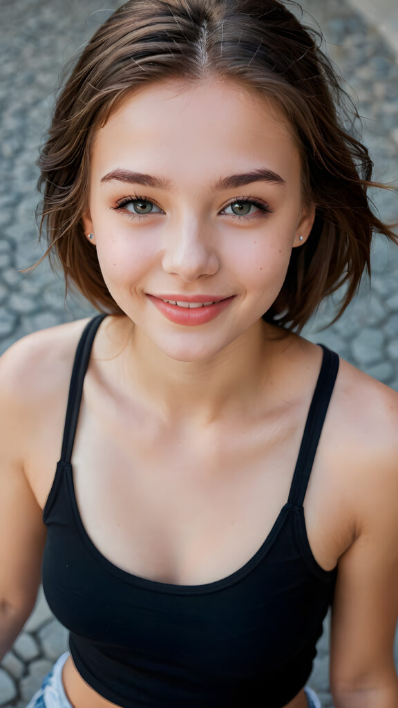 a (((beautiful young teen girl))) (((detailed perspective from above))), clad in a (((tank top))), with delicate features and (full, kissable lips), white teeth, smile