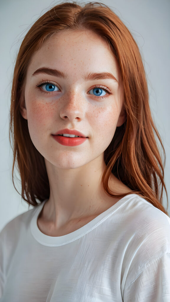 a beautiful (((teen girl))) ((fifteen years old)) ((realistic detailed round face)) ((beautiful eyes)) ((slender cheeks)) ((perfect teeth)) ((wears a super short tight (white t-shirt) made on thin silk)) ((perfect anatomy)) ((white background, side perspective)) ((cinematic lights)) ((long, soft copper-red hair)) ((red lips)) ((red nails)) ((bright blue eyes)) ((realistic detailed eyes)) ((slight smile)) ((freckles)) ((beautiful)) ((attractive)) ((stunning))