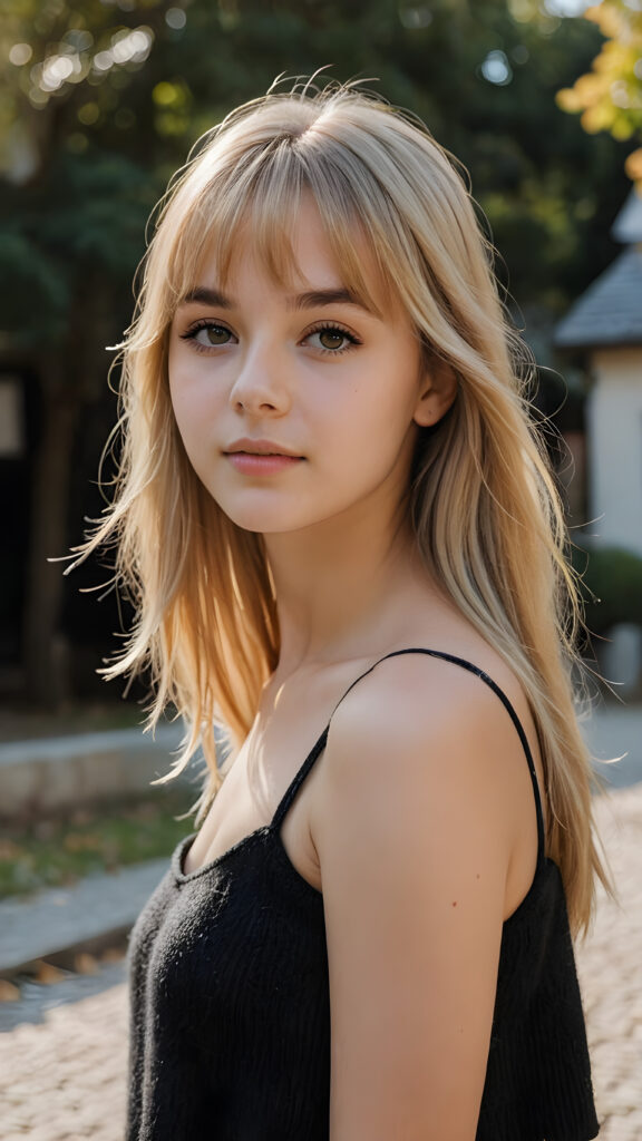 a beautiful (((young girl))), age 15, (pretty), (very long, straight, thick, untucked natural white golden blonde hair) (long hair) (bangs cut) (black short crop top made of fine wool) (realistic, detailed photo)