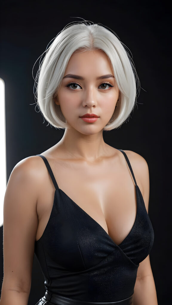 a (((beautiful well busty girl))) with a (((bob cut hair style, soft straight white hair))), accompanied by (((volumetric lighting))) that bring out the (masterpiece) details, all against a (plain, dark backdrop) that focuses on the (face) and its intricate, (hyper-realistic) features, captures the essence of (digital art), ((black dressed in an short tank top, deep v-neck)) ((full body))