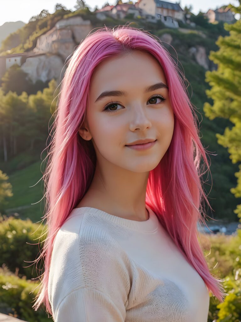 a beautiful (((pretty young teen girl))), with long, silky, shiny straight neon pink hair, wearing a thin, sweater, her hair extends beyond her shoulders, she looks cheerfully at the viewer, perfect curved body, natural backdrop