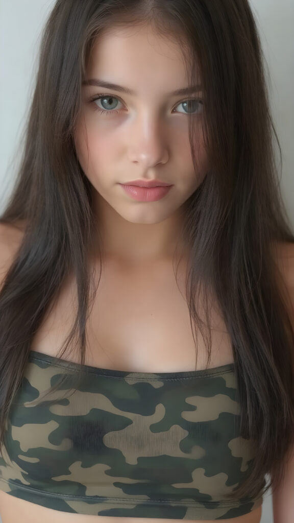 a (((beautiful teen girl, 15 years old))) with a sleek, (((upper body))), straight soft black hair, intricate details like perfect curves and contours popping against an (((empty backdrop))), exuding an (((intoxicating aura))) that draws the eye, capturing essence of both (((cuteness))) and (((staggering beauty))) with long hair and a (((camouflage-colored super short crop top))) that blends into a (((hyper realistic)))