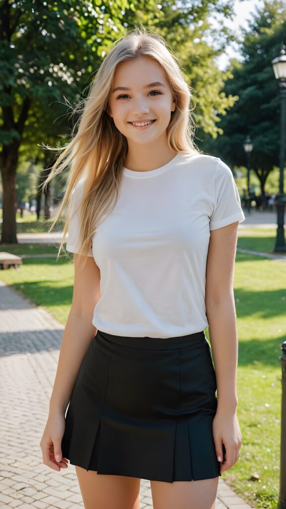 a beautiful girl 15 years old, straight very long soft blonde hair, wearing a black mini skirt and a white t-shirt, she is smiling, in a parc