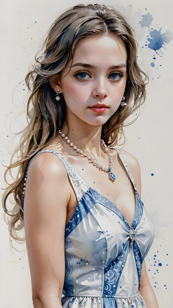 a beautiful girl in silver white and blue shade dress with pearl necklace, ((white background))