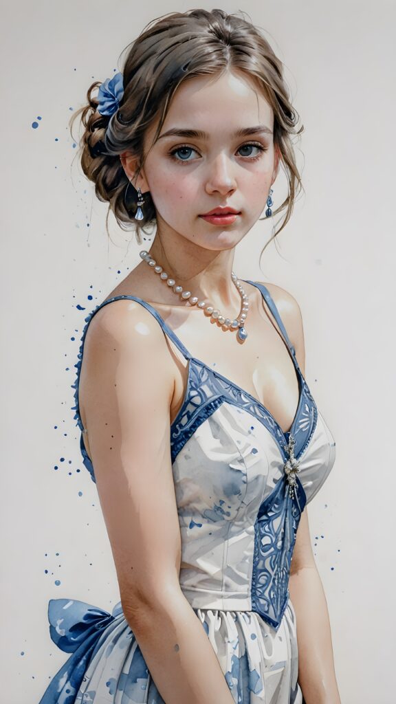 a beautiful girl in silver white and blue shade dress with pearl necklace, ((white background))