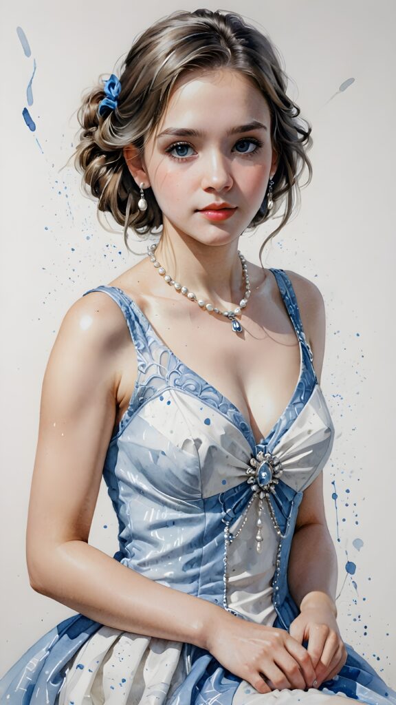 a beautiful girl in silver white and blue shade dress with pearl necklace, ((white background))