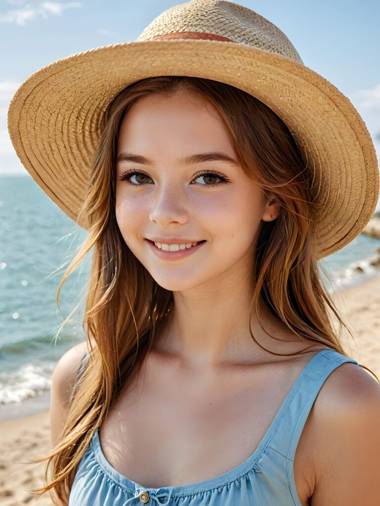 a beautiful gorgeous young teen girl, she has auburn soft long straight hair and wears a straw hat, the sea can be seen in the background, she smiles, ((detailed, realistic portrait))