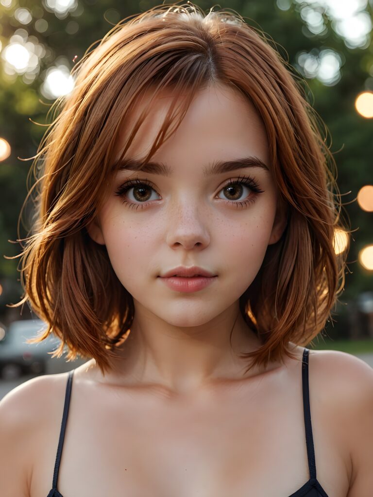 a beautiful long bob auburn haired teen girl, realistic detailed close-up shot, skimpy and lightly dressed, full lips, ((dark eyes, her eyes shine))