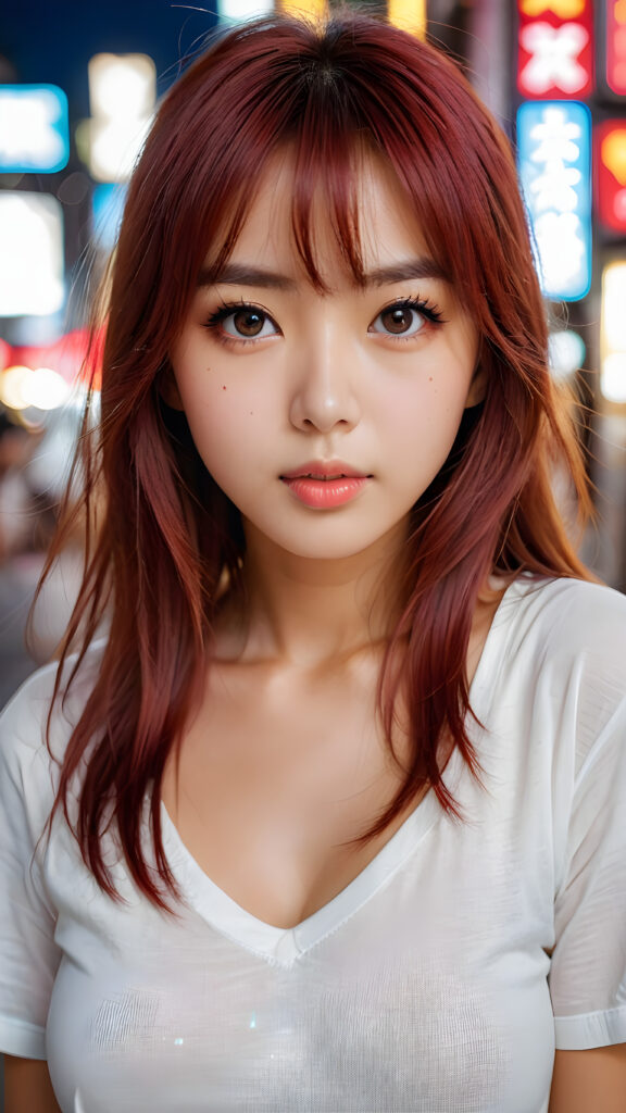 a beautiful masterpiece photo, from a beautiful young busty pretty Japanese girl, with red shiny long straight soft hair, bangs, and very large luminous eyes, (a white short plain t-shirt with deep v-neck), beautiful detailed lips, pretty face