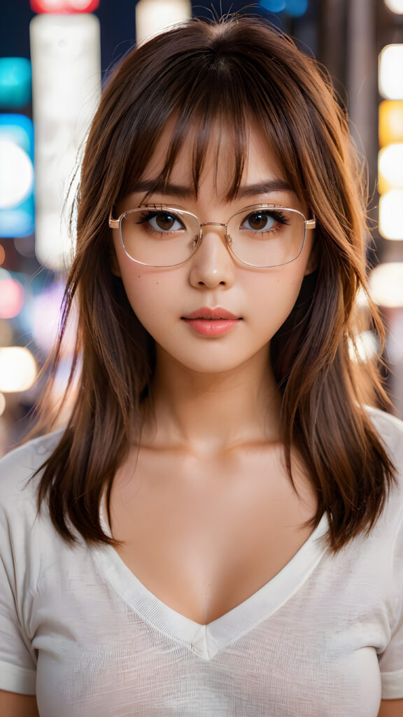 a beautiful masterpiece photo, from a beautiful young busty pretty Japanese girl, with brown shiny long straight soft hair, bangs, and very large luminous eyes, wearing glasses, (a white short plain t-shirt with deep v-neck), beautiful detailed lips, pretty face