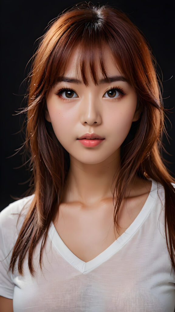 a beautiful masterpiece photo, from a beautiful young busty pretty Japanese girl, with amber red shiny long straight soft hair, bangs, and very large luminous eyes, (a white short plain t-shirt with deep v-neck), beautiful detailed lips, pretty face ((empty black backdrop))