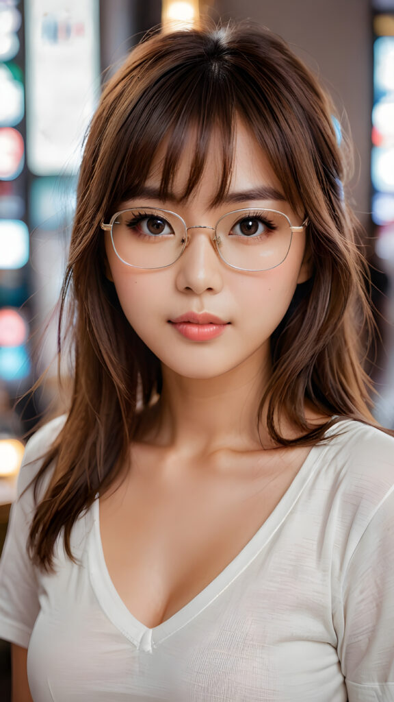 a beautiful masterpiece photo, from a beautiful young busty pretty Japanese girl, with brown shiny long straight soft hair, bangs, and very large luminous eyes, wearing glasses, (a white short plain t-shirt with deep v-neck), beautiful detailed lips, pretty face