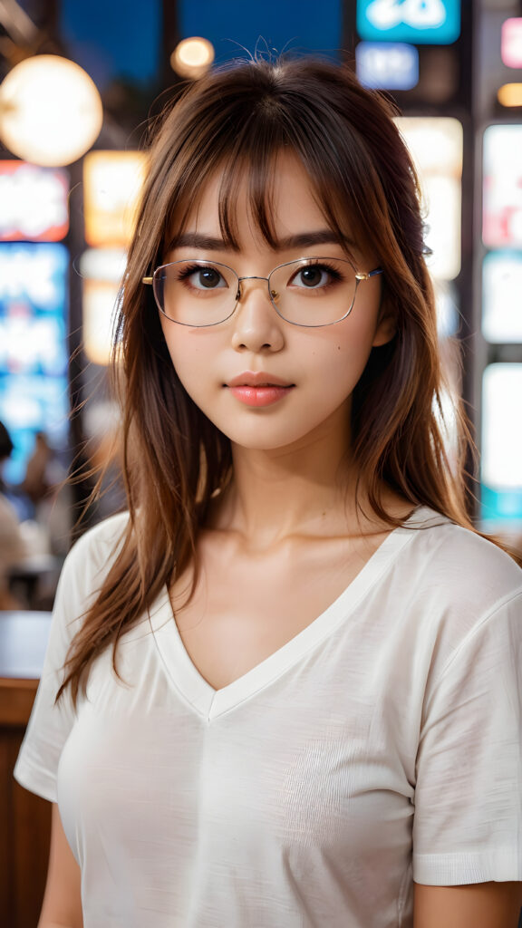 a beautiful masterpiece photo, from a beautiful young busty pretty Japanese girl, with brown shiny long straight soft hair, bangs, and very large luminous eyes, wearing glasses, (a white short plain t-shirt with deep v-neck), beautiful detailed lips, pretty face