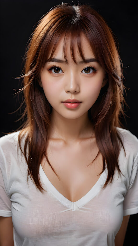 a beautiful masterpiece photo, from a beautiful young busty pretty Japanese girl, with amber red shiny long straight soft hair, bangs, and very large luminous eyes, (a white short plain t-shirt with deep v-neck), beautiful detailed lips, pretty face ((empty black backdrop))