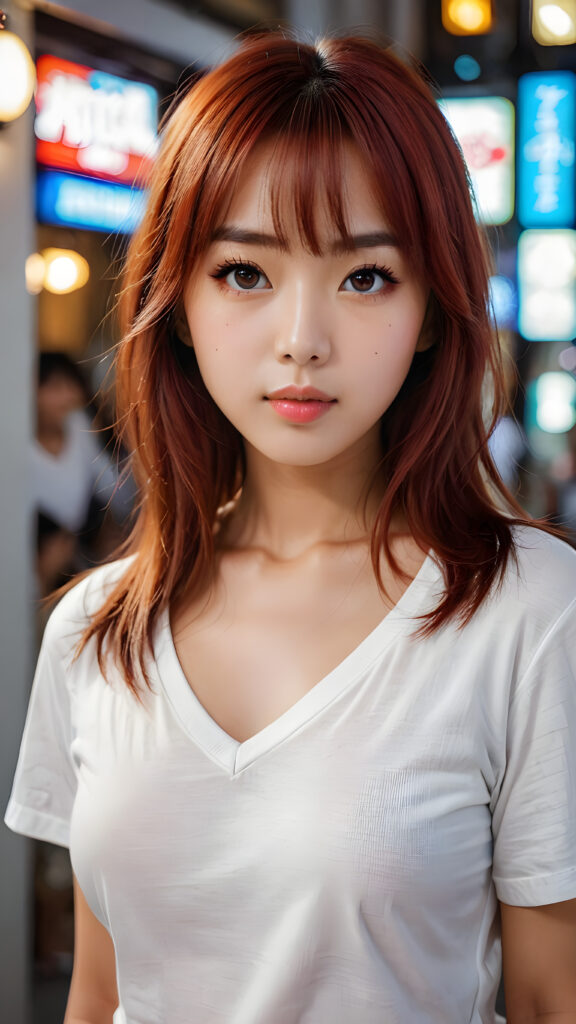 a beautiful masterpiece photo, from a beautiful young busty pretty Japanese girl, with red shiny long straight soft hair, bangs, and very large luminous eyes, (a white short plain t-shirt with deep v-neck), beautiful detailed lips, pretty face