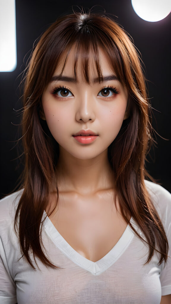 a beautiful masterpiece photo, from a beautiful young busty pretty Japanese girl, with amber red shiny long straight soft hair, bangs, and very large luminous eyes, (a white short plain t-shirt with deep v-neck), beautiful detailed lips, pretty face ((empty black backdrop))