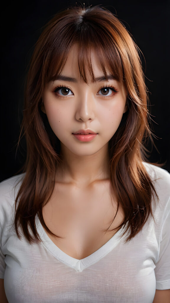 a beautiful masterpiece photo, from a beautiful young busty pretty Japanese girl, with amber red shiny long straight soft hair, bangs, and very large luminous eyes, (a white short plain t-shirt with deep v-neck), beautiful detailed lips, pretty face ((empty black backdrop))