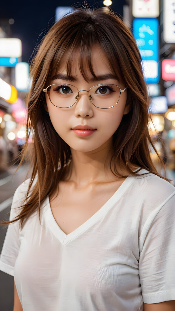 a beautiful masterpiece photo, from a beautiful young busty pretty Japanese girl, with brown shiny long straight soft hair, bangs, and very large luminous eyes, wearing glasses, (a white short plain t-shirt with deep v-neck), beautiful detailed lips, pretty face