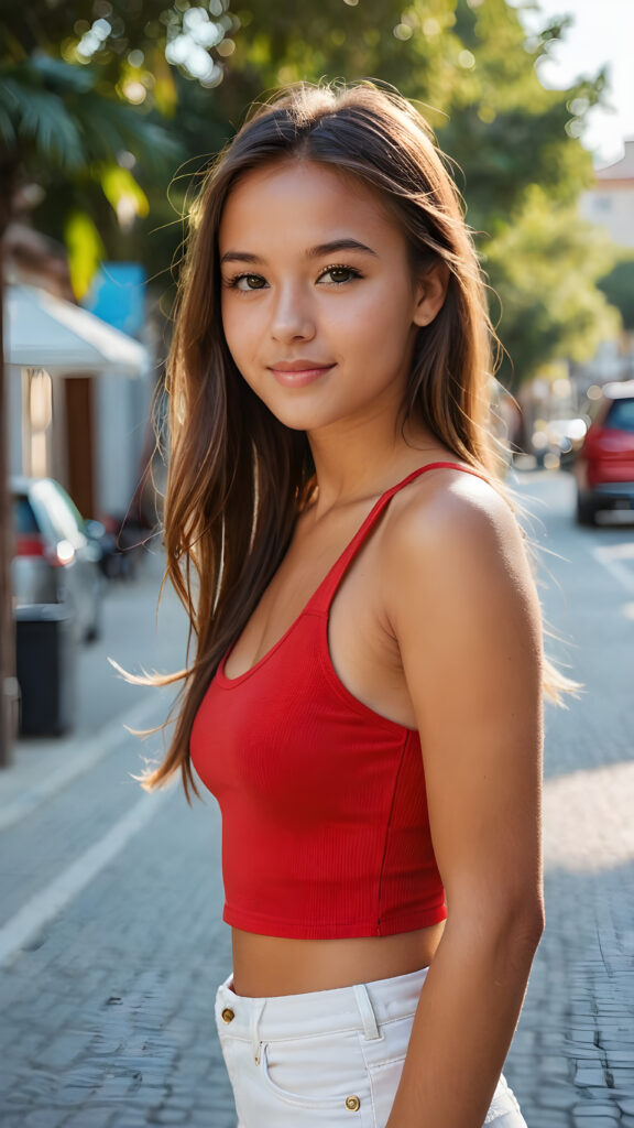 a beautiful perfect tanned young model teen girl, beautiful, cute, perfect face, slight smile, beautiful eyes, long shiny straight brown-gold jet straight hair, ((red short cropped thin tight tank top)), perfect white curvy body, side view