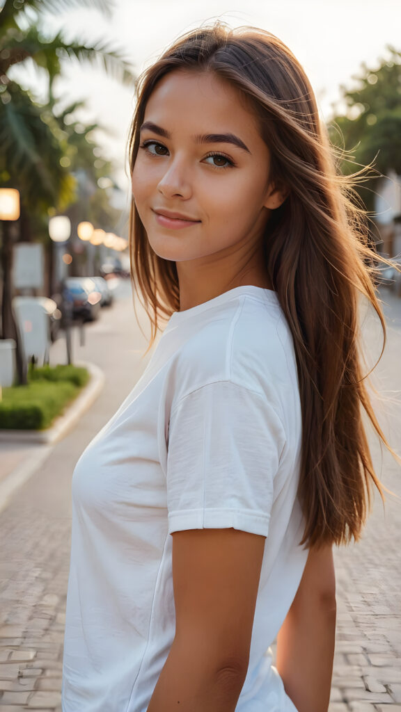 a beautiful perfect curved tanned young model teen girl, with shiny straight brown straight hair, wearing a white thin t-shirt