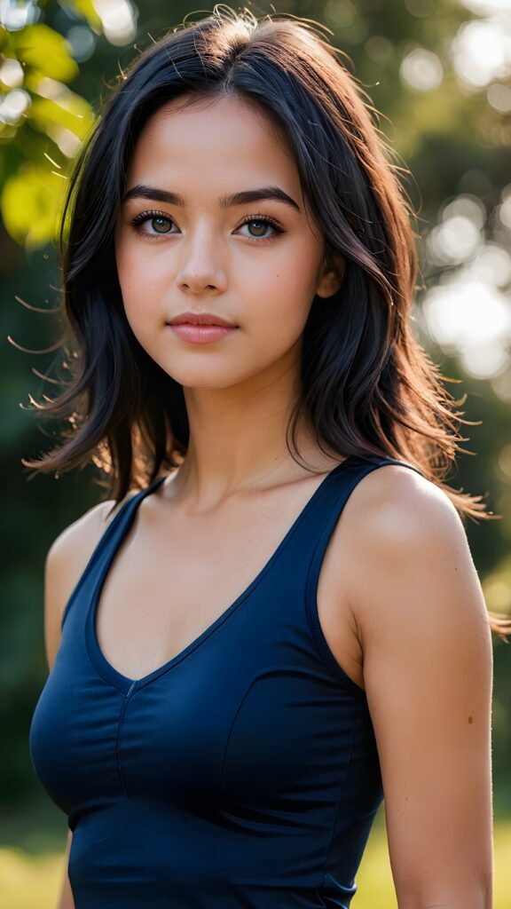 a beautiful petite teenage girl with long detailed radiant black hair, ((form-fitting plain sport top, deep v-neck)), round face, full lips, deep blue eyes, perfect makeup