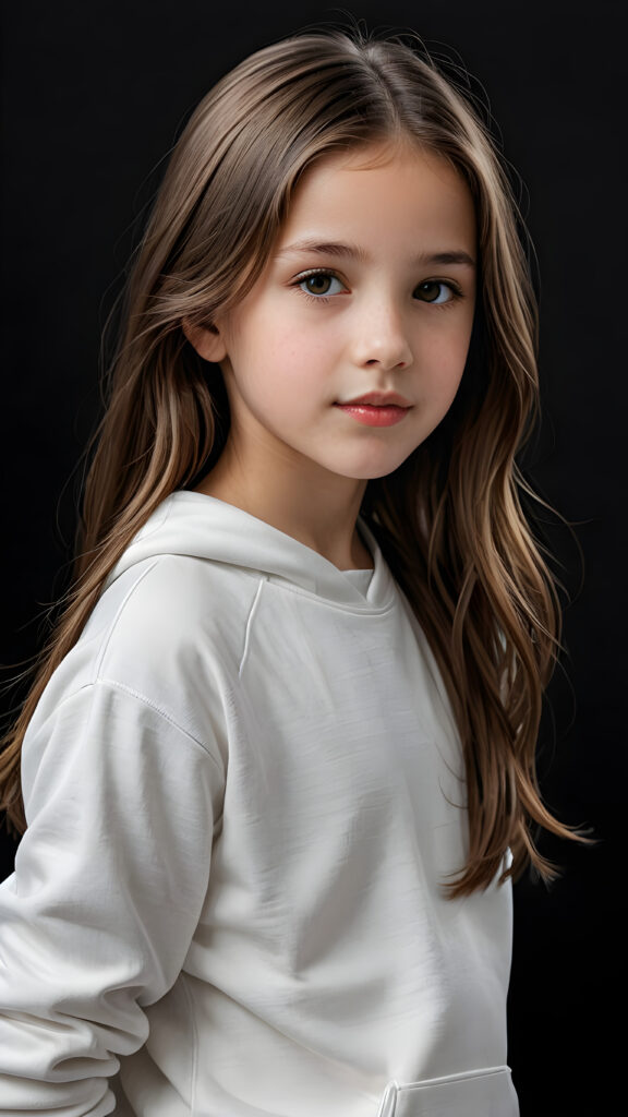 a beautiful picture of a little girl, 9 years old. She has long, straight brown hair and wears a white sweatshirt. ((black background)), faint light illuminates the picture. She has flawless skin and full lips and looks dreamily at the viewer. Side view. Upper body portrait. ((realistic detailed photo)) ((stunning)) ((gorgeous))