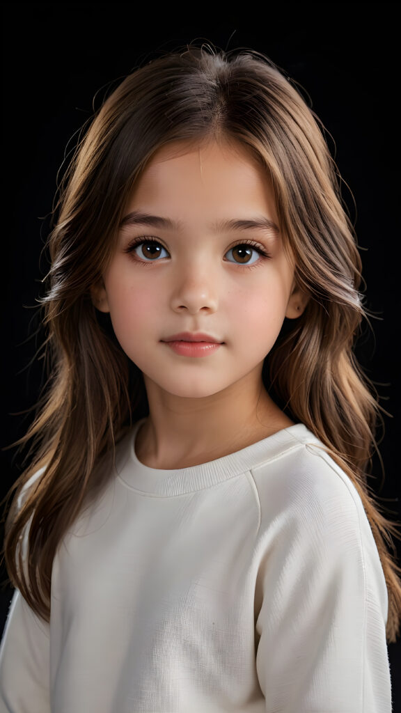 a beautiful picture of a little girl, 9 years old. She has long, straight brown hair and wears a white sweatshirt, amber shiny eyes, ((black background)), faint light illuminates the picture. She has flawless skin and full lips and looks dreamily at the viewer. Side view. Upper body portrait. ((realistic detailed photo)) ((stunning)) ((gorgeous))