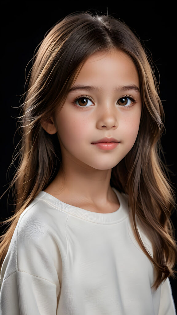 a beautiful picture of a little girl, 9 years old. She has long, straight brown hair and wears a white sweatshirt, amber shiny eyes, ((black background)), faint light illuminates the picture. She has flawless skin and full lips and looks dreamily at the viewer. Side view. Upper body portrait. ((realistic detailed photo)) ((stunning)) ((gorgeous))