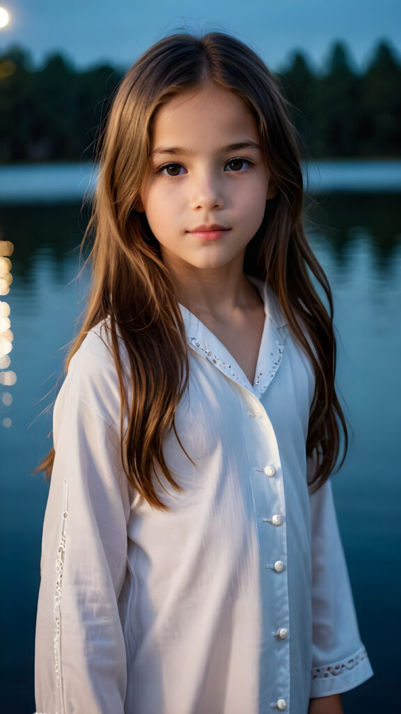 a beautiful picture of a little girl, 9 years old. She has long, straight brown hair and wears a white pijama. She stands in front of a lake in the middle of the night. Faint moonlight illuminates the picture. She has flawless skin and full lips and looks dreamily at the viewer. Side view. Upper body portrait. ((realistic detailed photo)) ((stunning)) ((gorgeous))