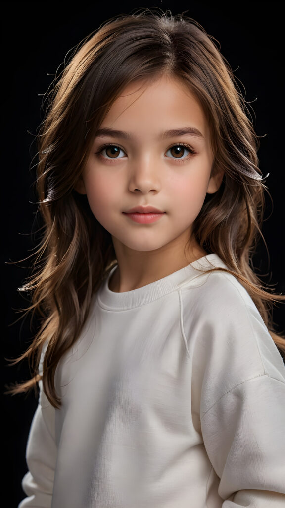 a beautiful picture of a little girl, 9 years old. She has long, straight brown hair and wears a white sweatshirt, amber shiny eyes, ((black background)), faint light illuminates the picture. She has flawless skin and full lips and looks dreamily at the viewer. Side view. Upper body portrait. ((realistic detailed photo)) ((stunning)) ((gorgeous))