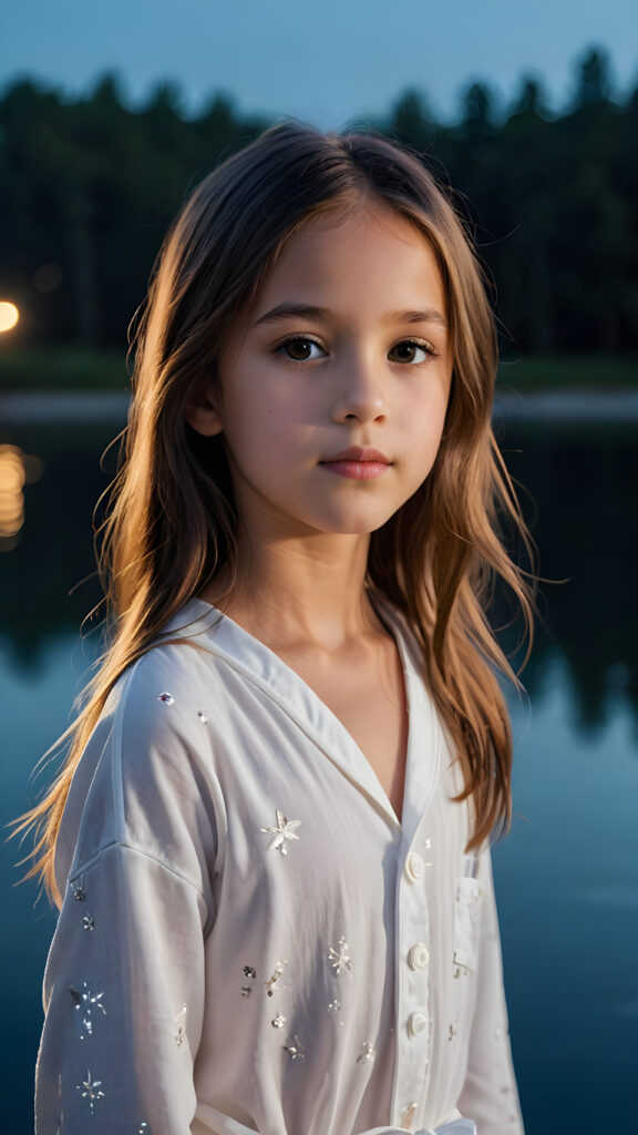 a beautiful picture of a little girl, 9 years old. She has long, straight brown hair and wears a white pijama. She stands in front of a lake in the middle of the night. Faint moonlight illuminates the picture. She has flawless skin and full lips and looks dreamily at the viewer. Side view. Upper body portrait. ((realistic detailed photo)) ((stunning)) ((gorgeous))