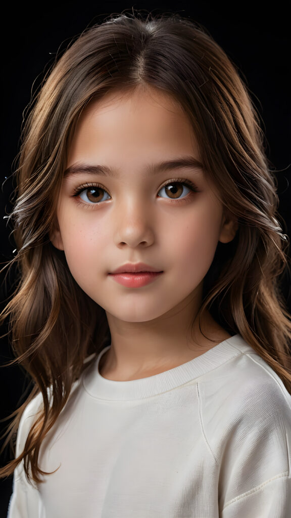 a beautiful picture of a little girl, 9 years old. She has long, straight brown hair and wears a white sweatshirt, amber shiny eyes, ((black background)), faint light illuminates the picture. She has flawless skin and full lips and looks dreamily at the viewer. Side view. Upper body portrait. ((realistic detailed photo)) ((stunning)) ((gorgeous))