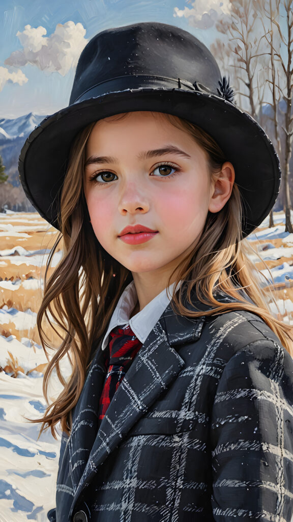 a beautiful picture of a little girl, 9 years old, wearing a black hat. She is wearing a checked suit and is standing in front of a wintry landscape. She has flawless skin and full lips and looks dreamily at the viewer. Side view. Upper body portrait.