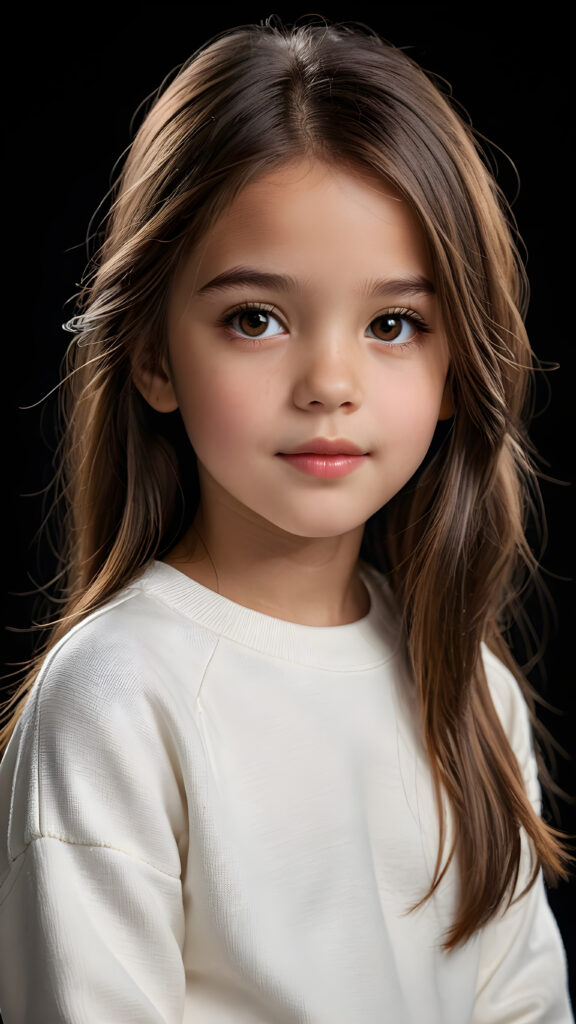 a beautiful picture of a little girl, 9 years old. She has long, straight brown hair and wears a white sweatshirt, amber shiny eyes, ((black background)), faint light illuminates the picture. She has flawless skin and full lips and looks dreamily at the viewer. Side view. Upper body portrait. ((realistic detailed photo)) ((stunning)) ((gorgeous))