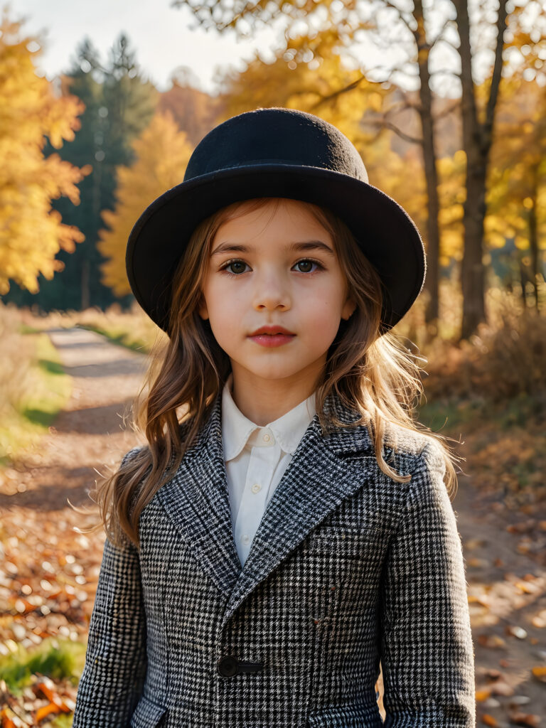 a beautiful picture of a little girl with a black hat. She is wearing an old, checked suit and is standing in front of an autumnal landscape. She has flawless skin and full lips and looks dreamily at the viewer.