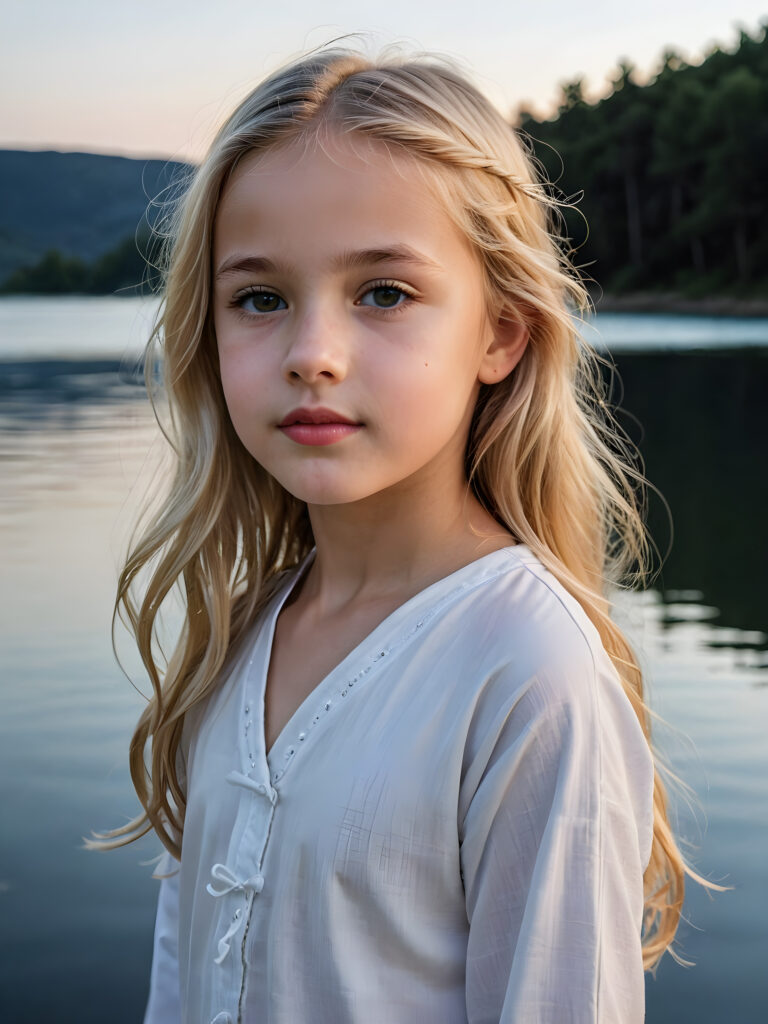 a beautiful picture of a little girl, 9 years old. She has long, shiny blonde hair and wears a white pijama. She stands in front of a lake in the middle of the night. Faint moonlight illuminates the picture. She has flawless skin and full lips and looks dreamily at the viewer. Side view. Upper body portrait.