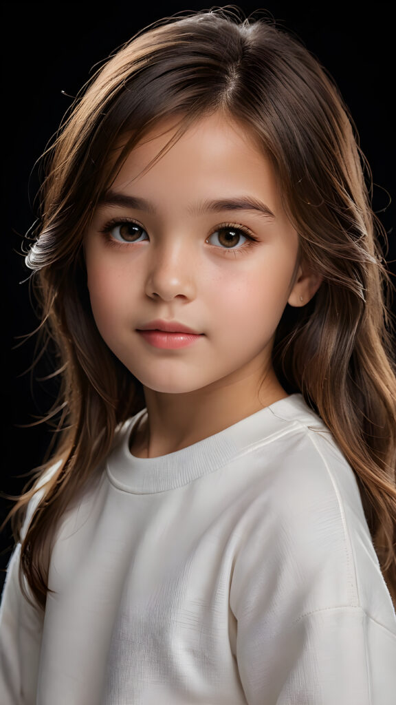 a beautiful picture of a little girl, 9 years old. She has long, straight brown hair and wears a white sweatshirt, amber shiny eyes, ((black background)), faint light illuminates the picture. She has flawless skin and full lips and looks dreamily at the viewer. Side view. Upper body portrait. ((realistic detailed photo)) ((stunning)) ((gorgeous))