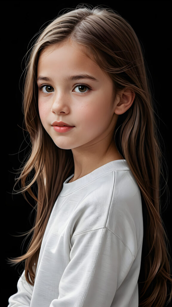 a beautiful picture of a little girl, 9 years old. She has long, straight brown hair and wears a white sweatshirt. ((black background)), faint light illuminates the picture. She has flawless skin and full lips and looks dreamily at the viewer. Side view. Upper body portrait. ((realistic detailed photo)) ((stunning)) ((gorgeous))