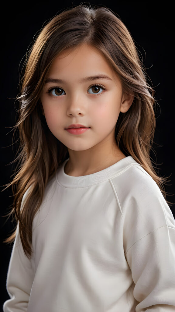 a beautiful picture of a little girl, 9 years old. She has long, straight brown hair and wears a white sweatshirt, amber shiny eyes, ((black background)), faint light illuminates the picture. She has flawless skin and full lips and looks dreamily at the viewer. Side view. Upper body portrait. ((realistic detailed photo)) ((stunning)) ((gorgeous))