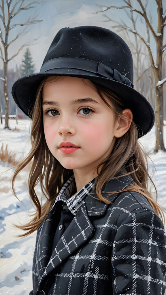 a beautiful picture of a little girl, 9 years old, wearing a black hat. She is wearing a checked suit and is standing in front of a wintry landscape. She has flawless skin and full lips and looks dreamily at the viewer. Side view. Upper body portrait.