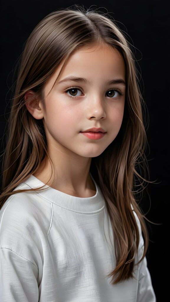 a beautiful picture of a little girl, 9 years old. She has long, straight brown hair and wears a white sweatshirt. ((black background)), faint light illuminates the picture. She has flawless skin and full lips and looks dreamily at the viewer. Side view. Upper body portrait. ((realistic detailed photo)) ((stunning)) ((gorgeous))