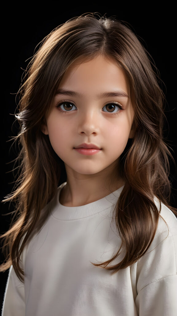 a beautiful picture of a little girl, 9 years old. She has long, straight brown hair and wears a white sweatshirt, amber shiny eyes, ((black background)), faint light illuminates the picture. She has flawless skin and full lips and looks dreamily at the viewer. Side view. Upper body portrait. ((realistic detailed photo)) ((stunning)) ((gorgeous))