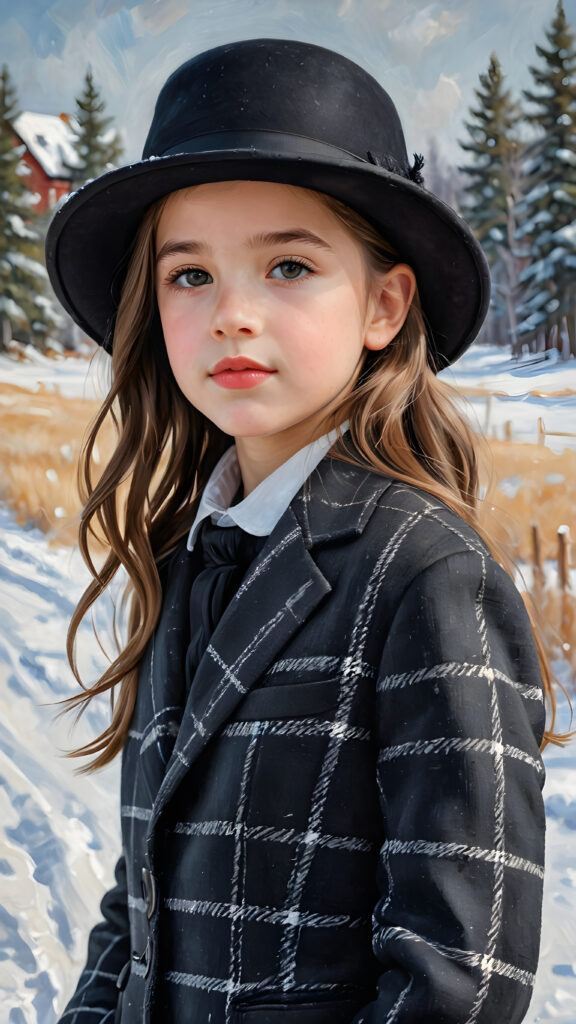 a beautiful picture of a little girl, 9 years old, wearing a black hat. She is wearing a checked suit and is standing in front of a wintry landscape. She has flawless skin and full lips and looks dreamily at the viewer. Side view. Upper body portrait.