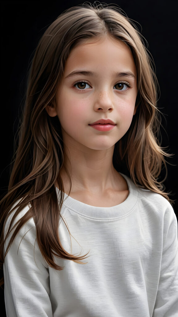 a beautiful picture of a little girl, 9 years old. She has long, straight brown hair and wears a white sweatshirt. ((black background)), faint light illuminates the picture. She has flawless skin and full lips and looks dreamily at the viewer. Side view. Upper body portrait. ((realistic detailed photo)) ((stunning)) ((gorgeous))