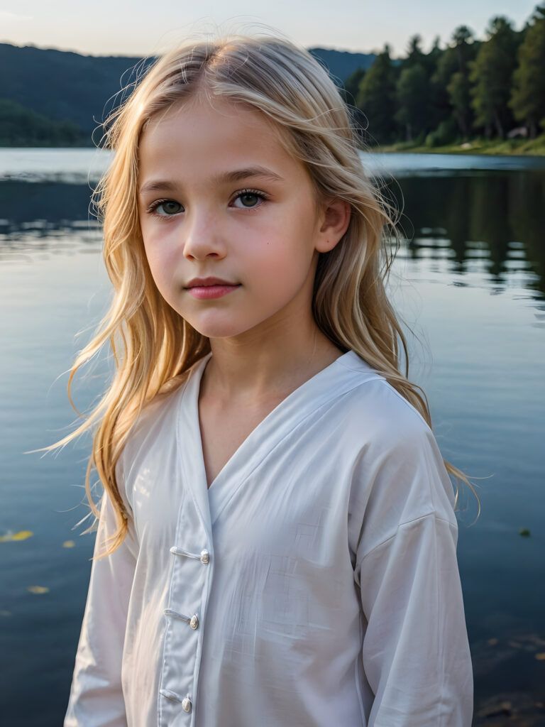 a beautiful picture of a little girl, 9 years old. She has long, shiny blonde hair and wears a white pijama. She stands in front of a lake in the middle of the night. Faint moonlight illuminates the picture. She has flawless skin and full lips and looks dreamily at the viewer. Side view. Upper body portrait.