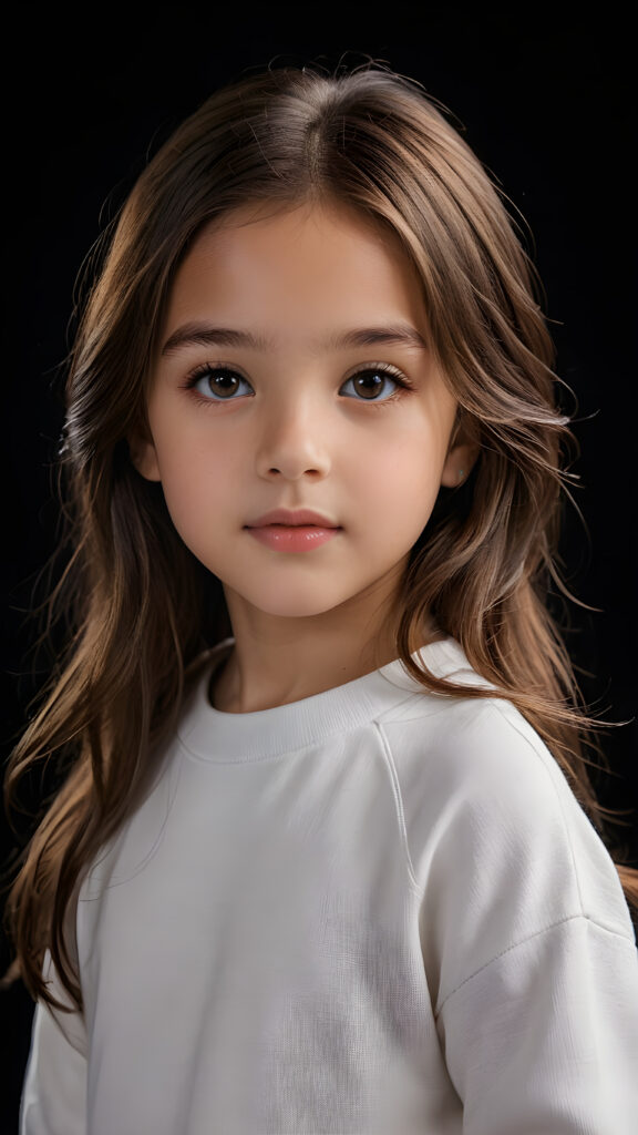 a beautiful picture of a little girl, 9 years old. She has long, straight brown hair and wears a white sweatshirt, amber shiny eyes, ((black background)), faint light illuminates the picture. She has flawless skin and full lips and looks dreamily at the viewer. Side view. Upper body portrait. ((realistic detailed photo)) ((stunning)) ((gorgeous))