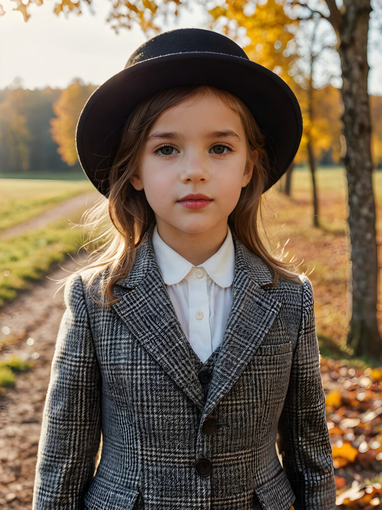 a beautiful picture of a little girl with a black hat. She is wearing an old, checked suit and is standing in front of an autumnal landscape. She has flawless skin and full lips and looks dreamily at the viewer.