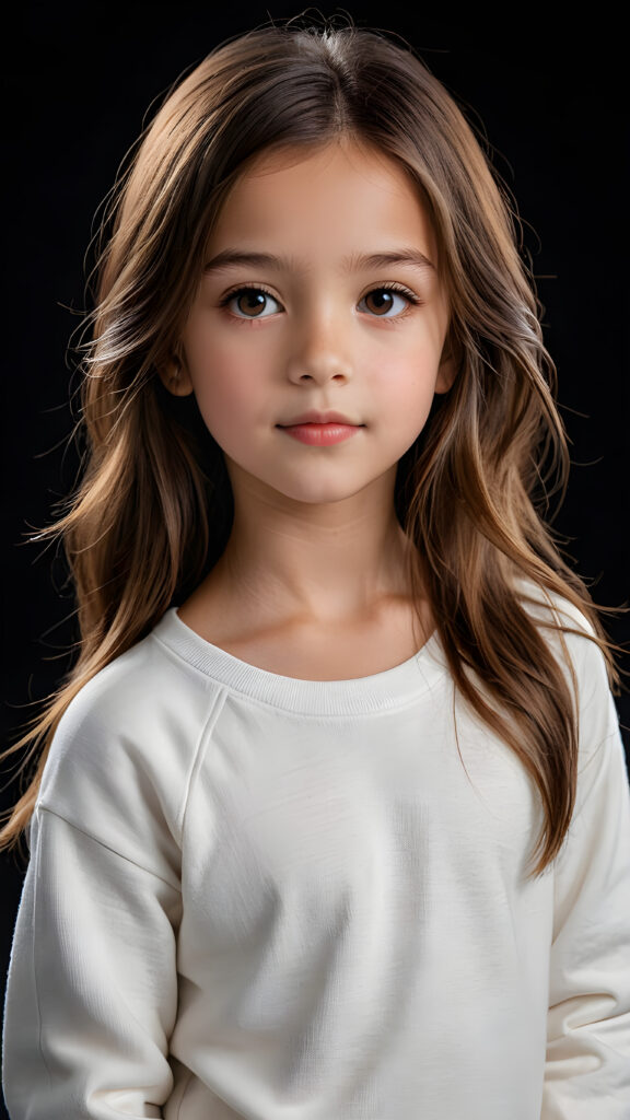 a beautiful picture of a little girl, 9 years old. She has long, straight brown hair and wears a white sweatshirt, amber shiny eyes, ((black background)), faint light illuminates the picture. She has flawless skin and full lips and looks dreamily at the viewer. Side view. Upper body portrait. ((realistic detailed photo)) ((stunning)) ((gorgeous))