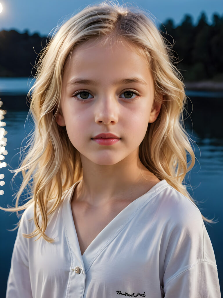 a beautiful picture of a little girl, 9 years old. She has long, shiny blonde hair and wears a white pijama. She stands in front of a lake in the middle of the night. Faint moonlight illuminates the picture. She has flawless skin and full lips and looks dreamily at the viewer. Side view. Upper body portrait.