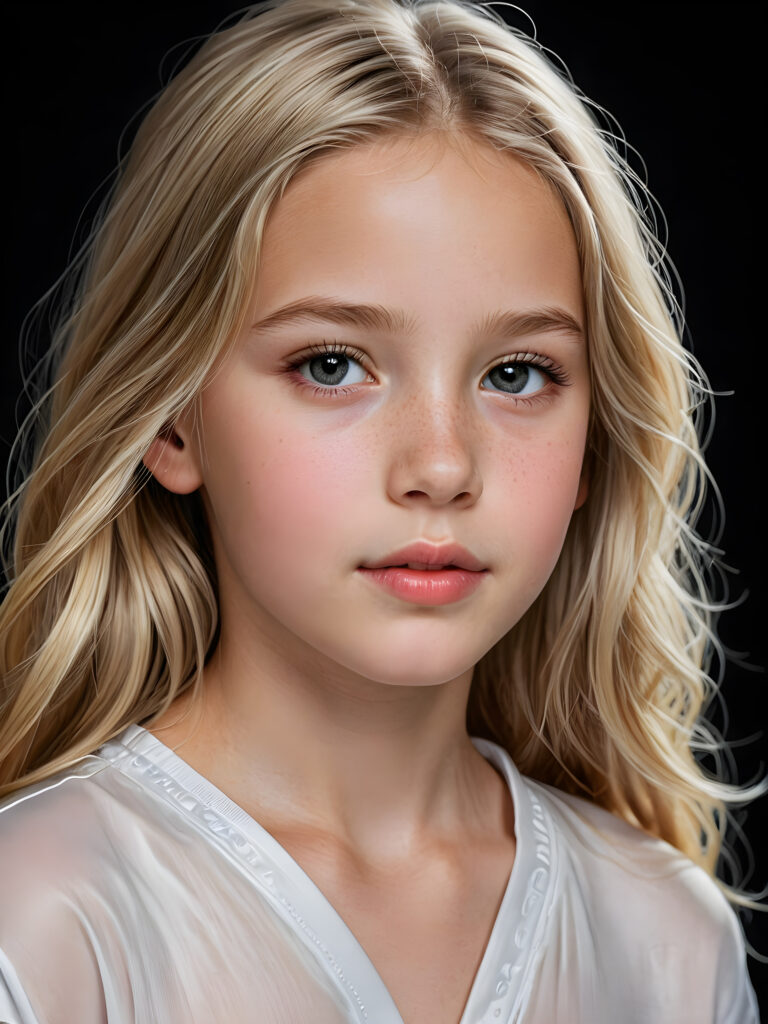 a beautiful picture of a little girl, 11 years old. She has long, shiny blonde hair and wears a white pijama. ((black background)). Faintlight illuminates the picture. She has flawless skin and full lips and looks dreamily at the viewer. Side view. Upper body portrait.